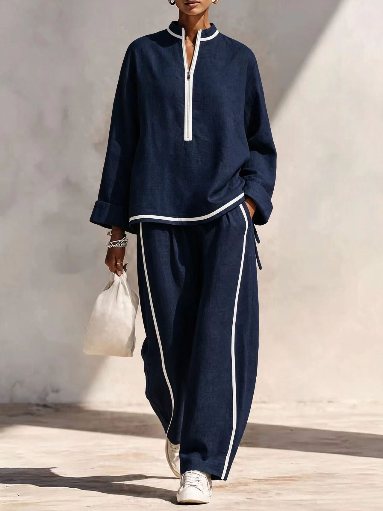 Women's Casual Two-Piece Set with Half-Zip Stand Collar Top and Wide-Leg Pants