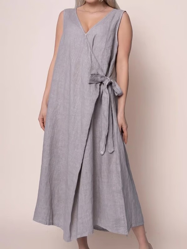 Women's Summer Loose Tie-Front Sleeveless Solid Cotton-Blend Dress