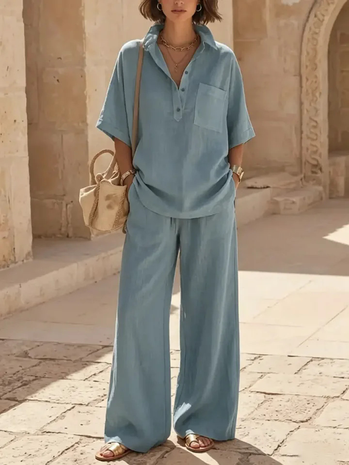 Women's Casual Shirt and Pants Set, Sweet Solid Color, Cotton Blend, Short Sleeve