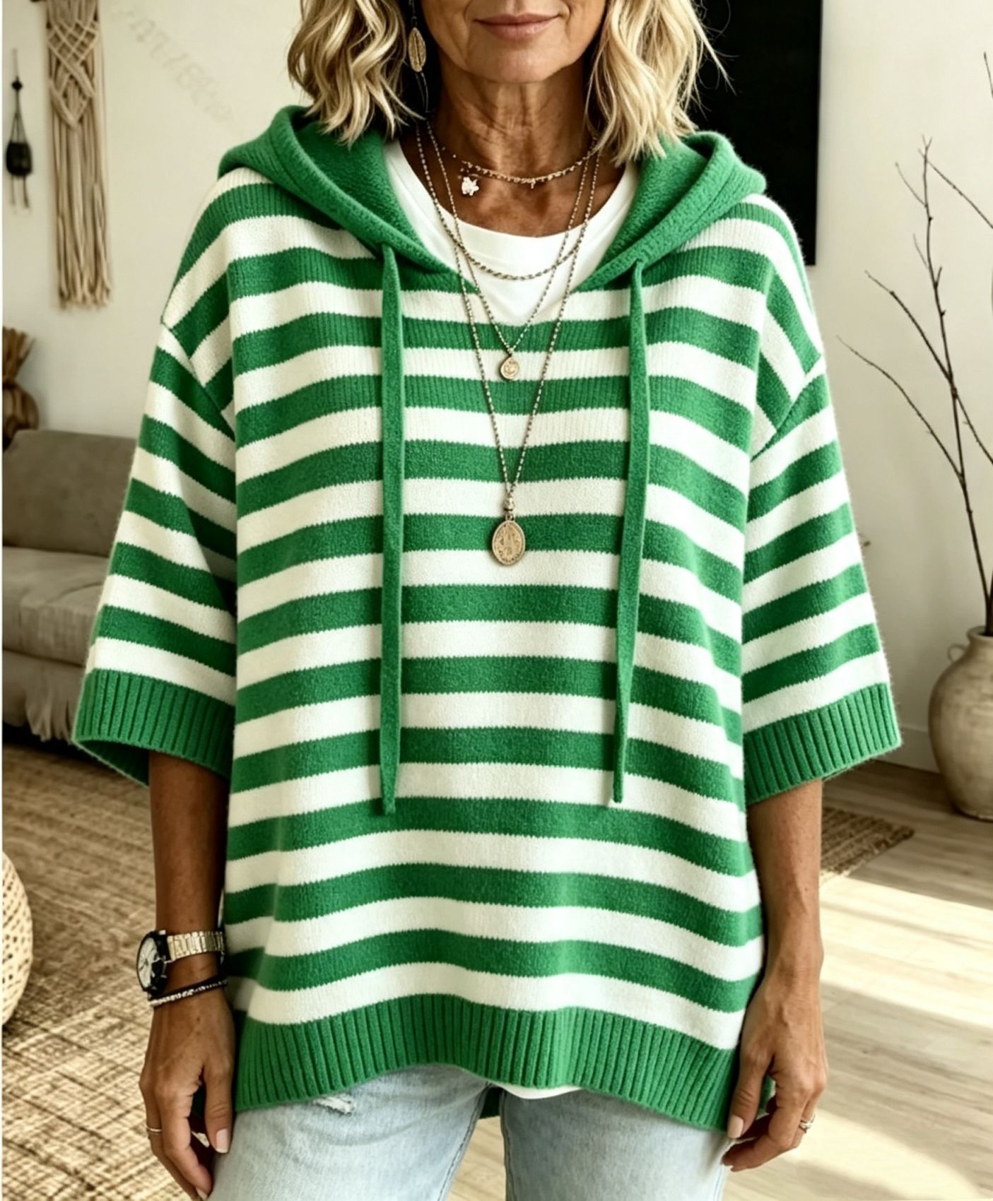 Striped Hooded Knit Pullover Sweater with Drawstring