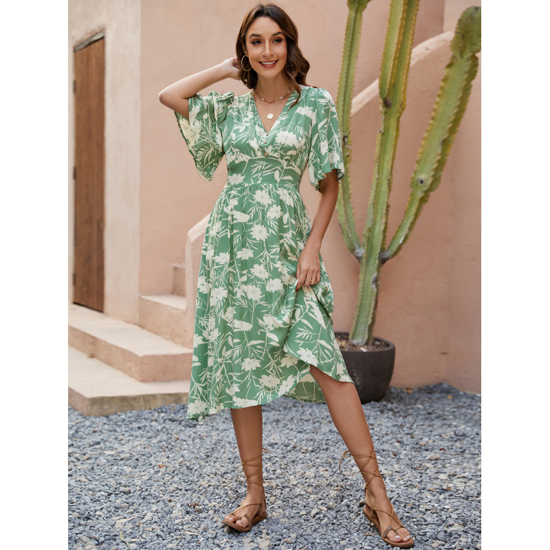 Boho Geometric Print V-Neck Short Sleeve Cinched Waist Midi Dress