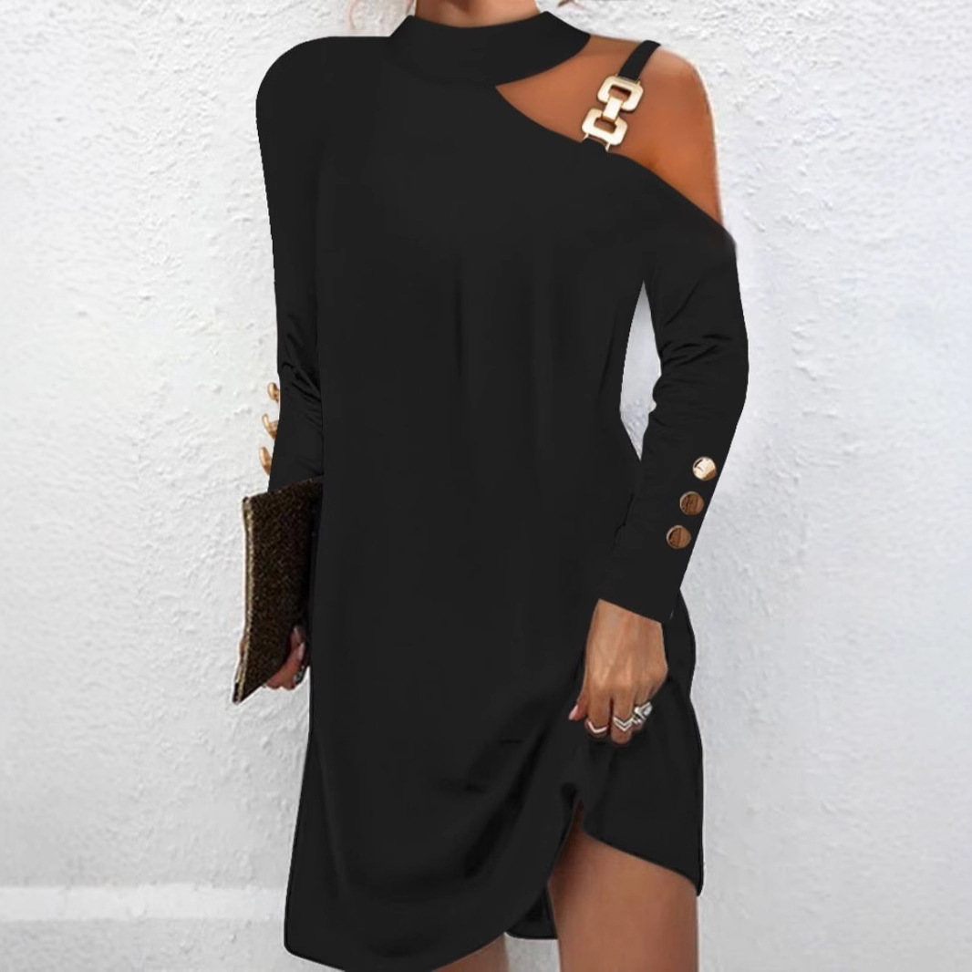 Metal Buckle Halter Neck Button Dress