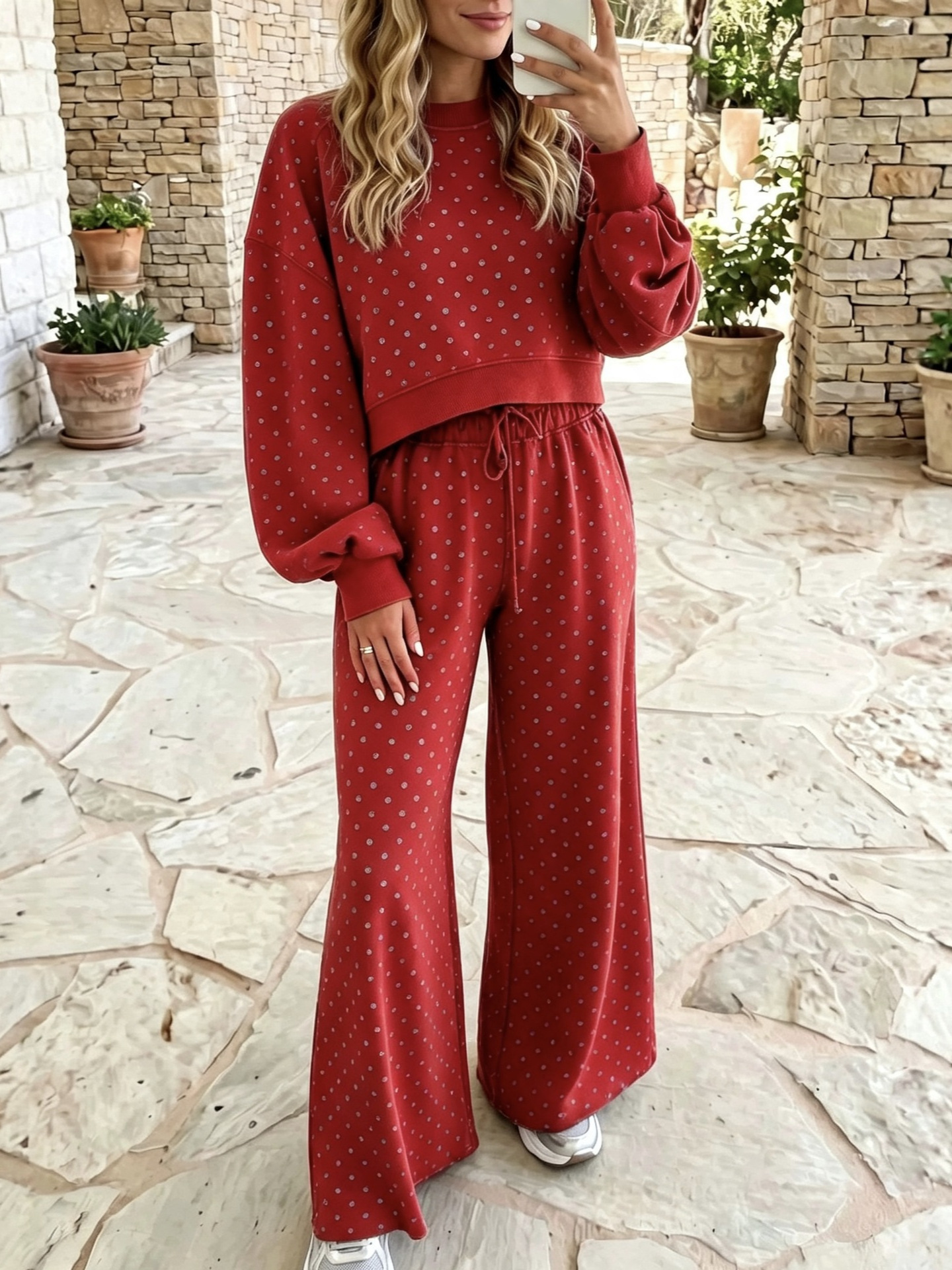High-Waist Polka Dot Print Wide-Leg Pants Set Women