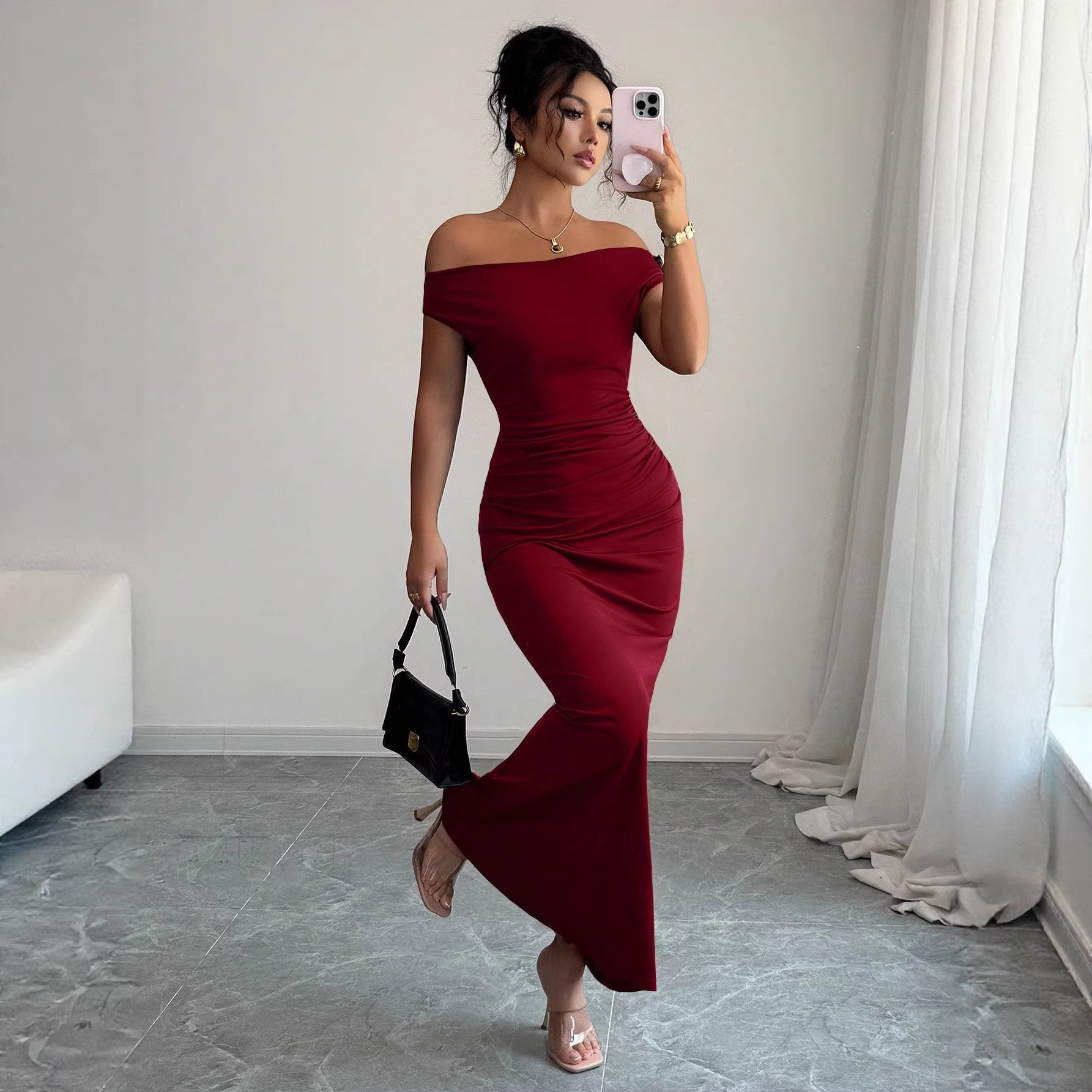 Off-Shoulder One-Line Neck Long Dress Elegant Slimming Evening Gown