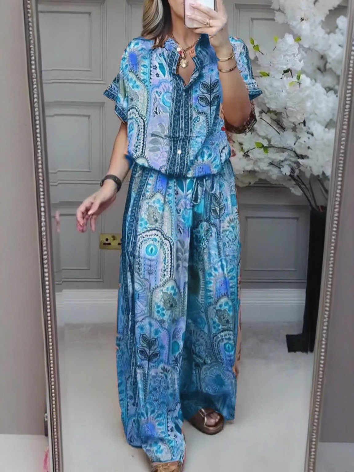 Women's Casual Print Button-Front Cardigan Top & Wide-Leg Pants Two-Piece Set