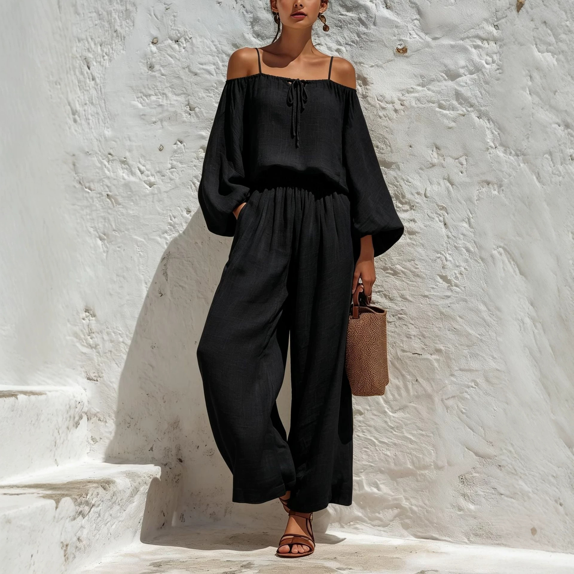 Off-Shoulder Long-Sleeve Top & Wide-Leg Pants Two-Piece Set