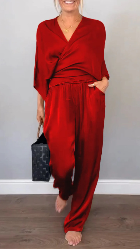 Women's Summer Solid Satin Short Sleeve Top and Pants Set