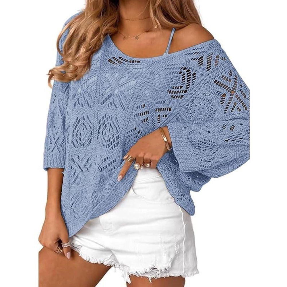 V-Neck Diamond Crochet Hollow-Out Knit Top with Dolman Sleeves