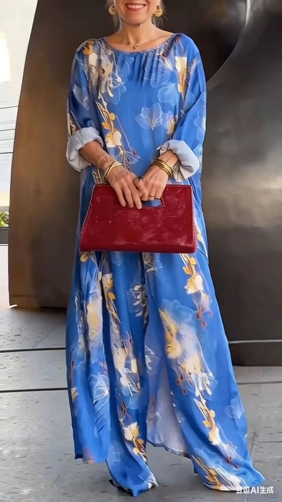 Women's Printed Round Neck Irregular Long Top and Wide-Leg Pants Casual Set