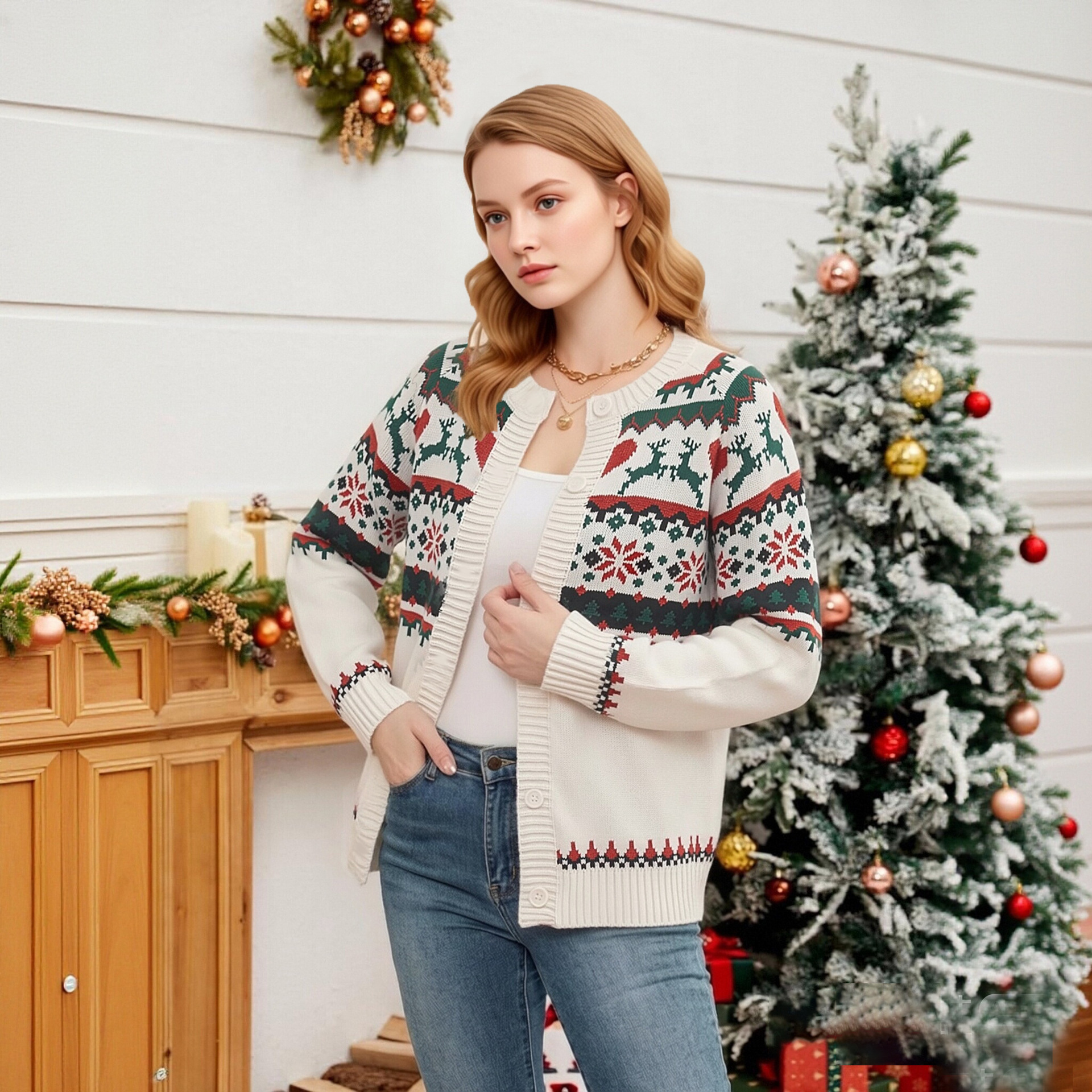 Women's Loose Knit Cardigan Sweater Coat Reindeer Christmas