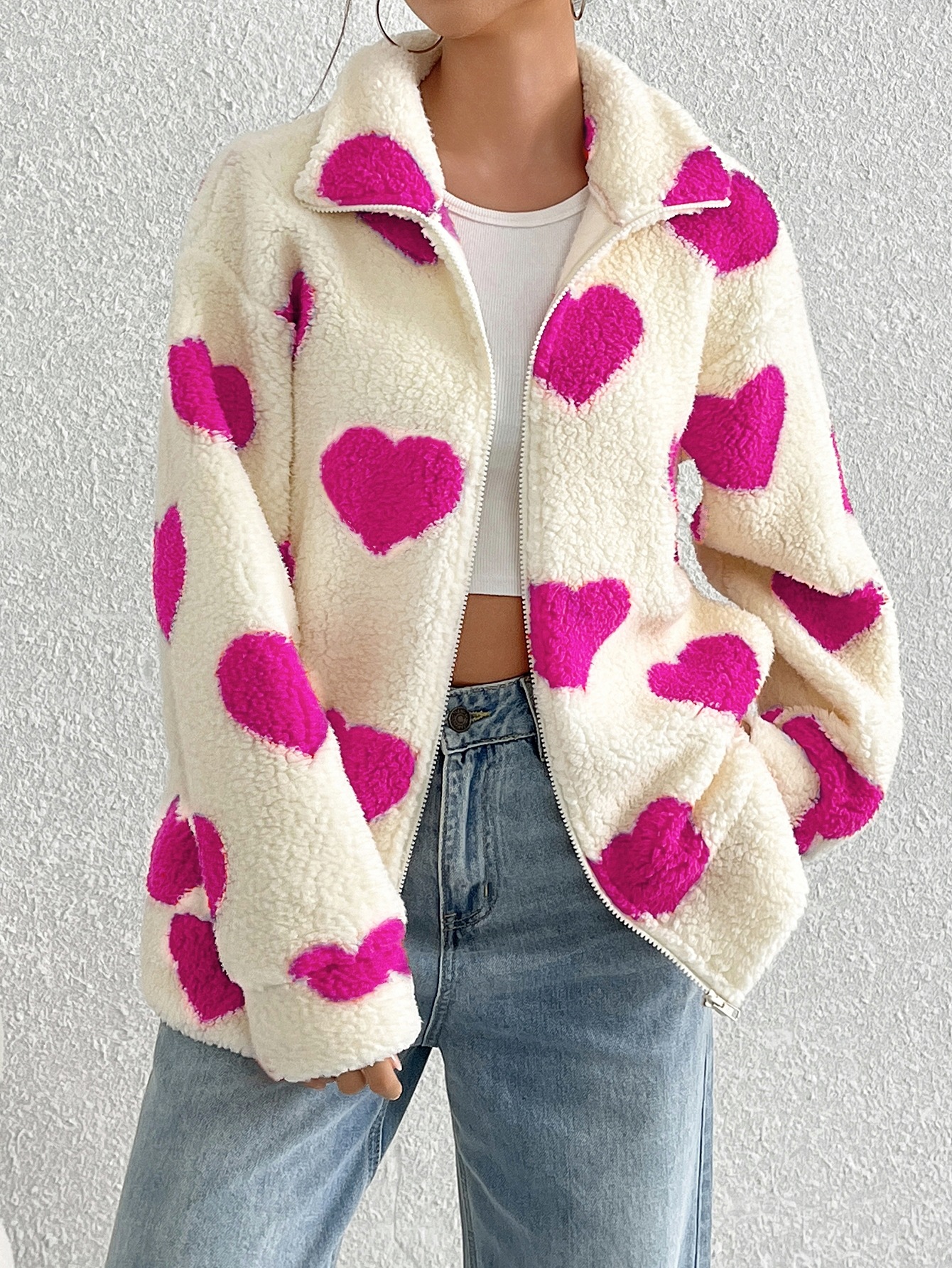 Fuzzy Heart Print Loose Long Sleeve Zip Cardigan Jacket