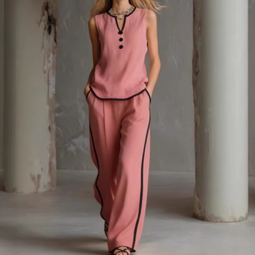 Sleeveless V-Neck Colorblock T-Shirt and Pants Set