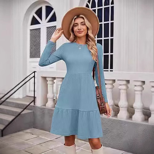 Women's Crewneck Pocket Knee-Length Sweater Dress Long Sleeve