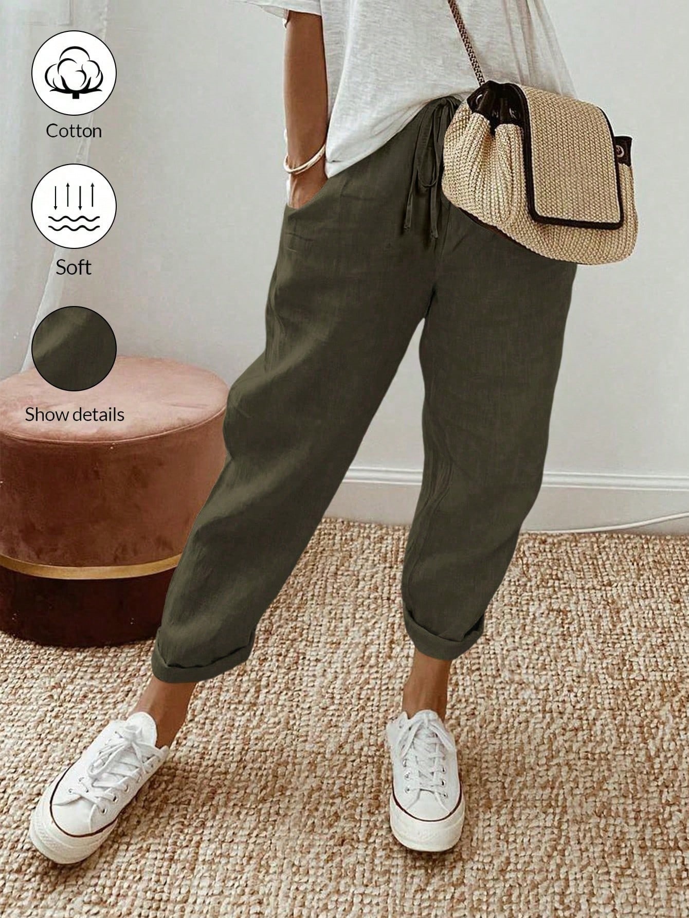 Women's Cotton Linen Cropped Pants with Pockets and Elastic Waist, Loose Casual