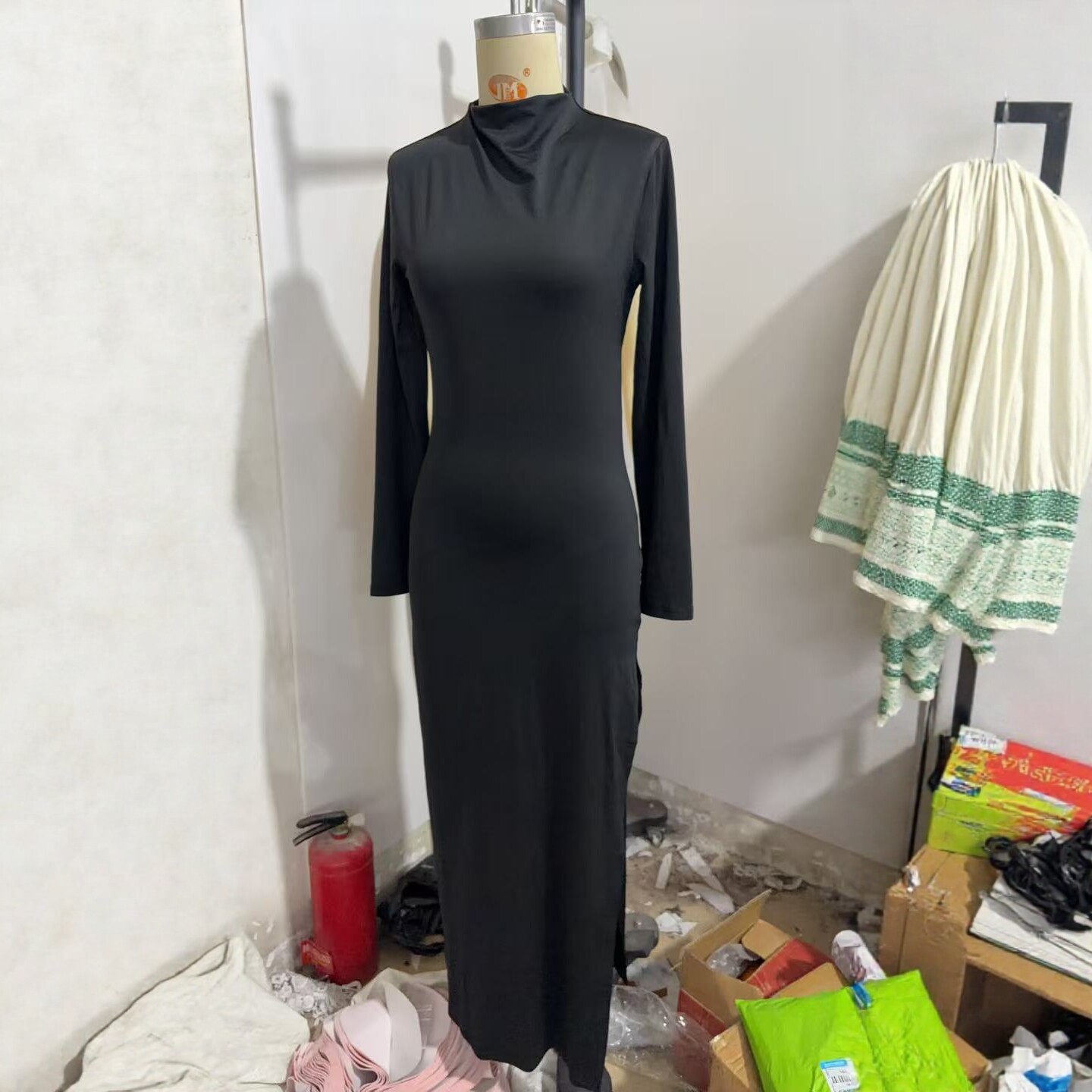 High Neck Long Sleeve Slit Bodycon Solid Color Maxi Dress