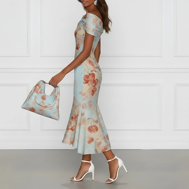 Off-Shoulder Waist-Cinched Floral Mermaid Dress