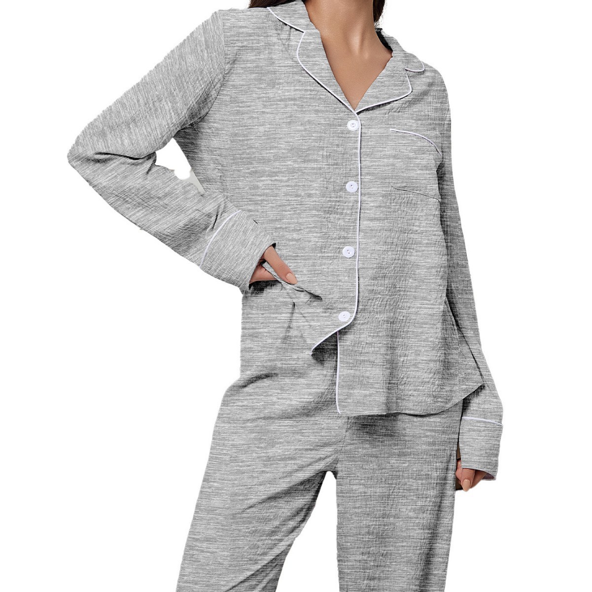 Women's Cuban Collar Long Sleeve Solid Color Casual Set
