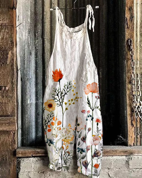 Women's Printed Cotton-Linen Cami Jumpsuit Sleeveless Wide-Leg Beach Romper