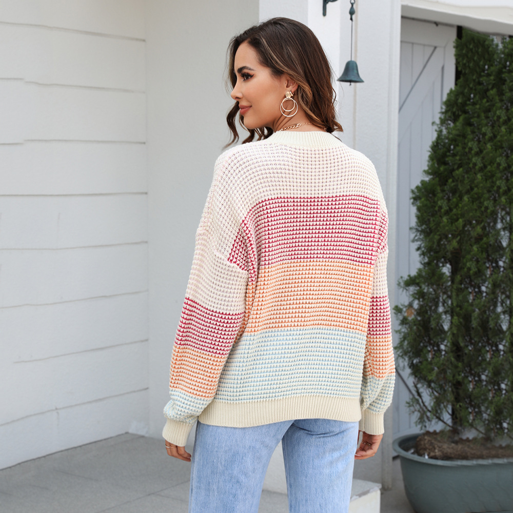 Casual Color-Block Crewneck Knit Sweater Loose Plus Size Pullover