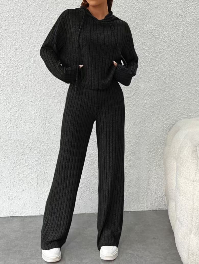 Striped Hooded Knit Sweatshirt Set Long Sleeve Casual