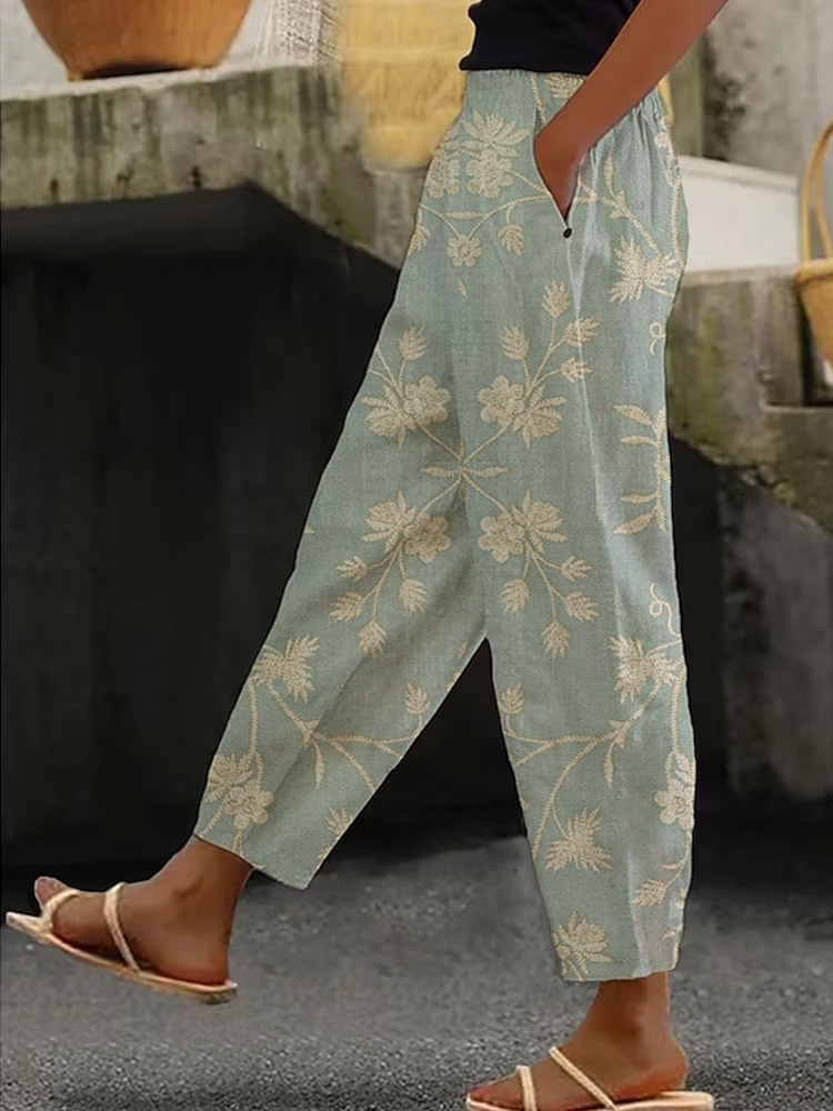 Women's Floral Print Straight-Leg Casual Pants Light Color