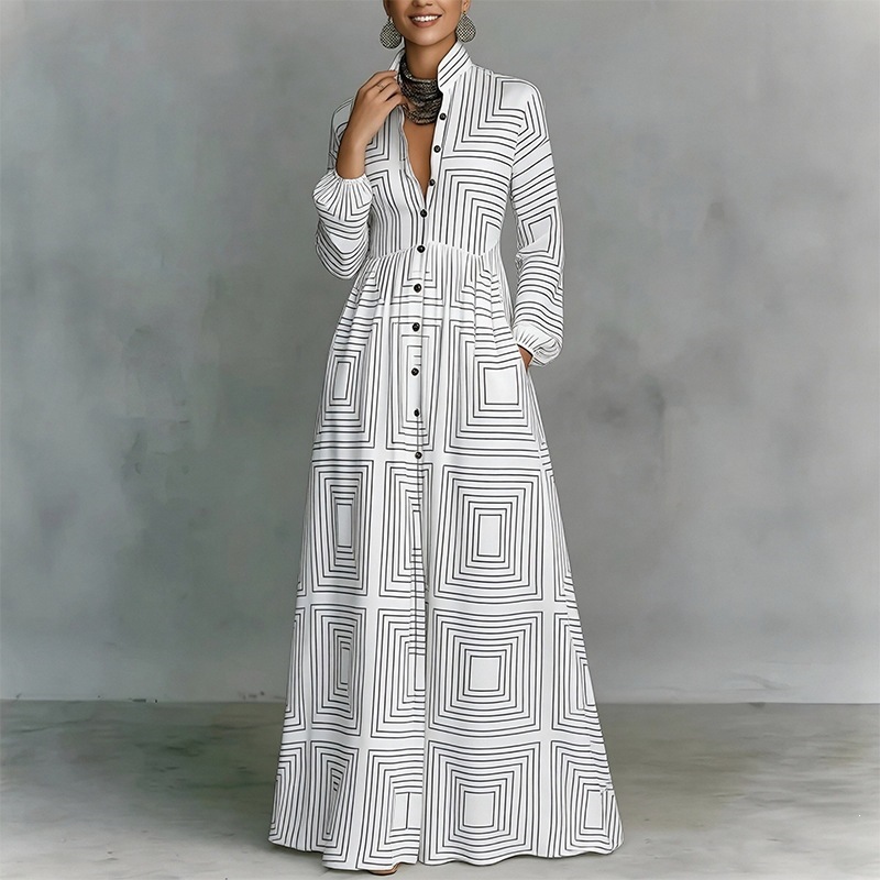 French Style Printed Long Dress with Collar, Loose Casual Vacation Dress