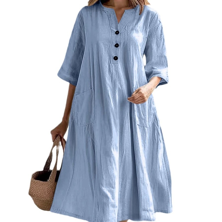 Women's Midi V-Neck Half-Sleeve Cotton-Linen Loose A-Line Dress with Three-Button Pocket