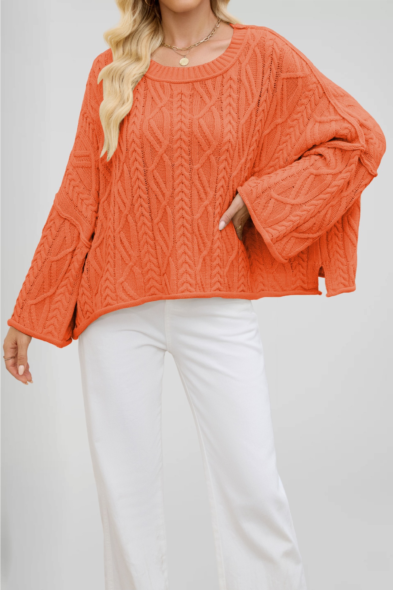 Cable-Knit Crewneck Loose Solid Color Sweater