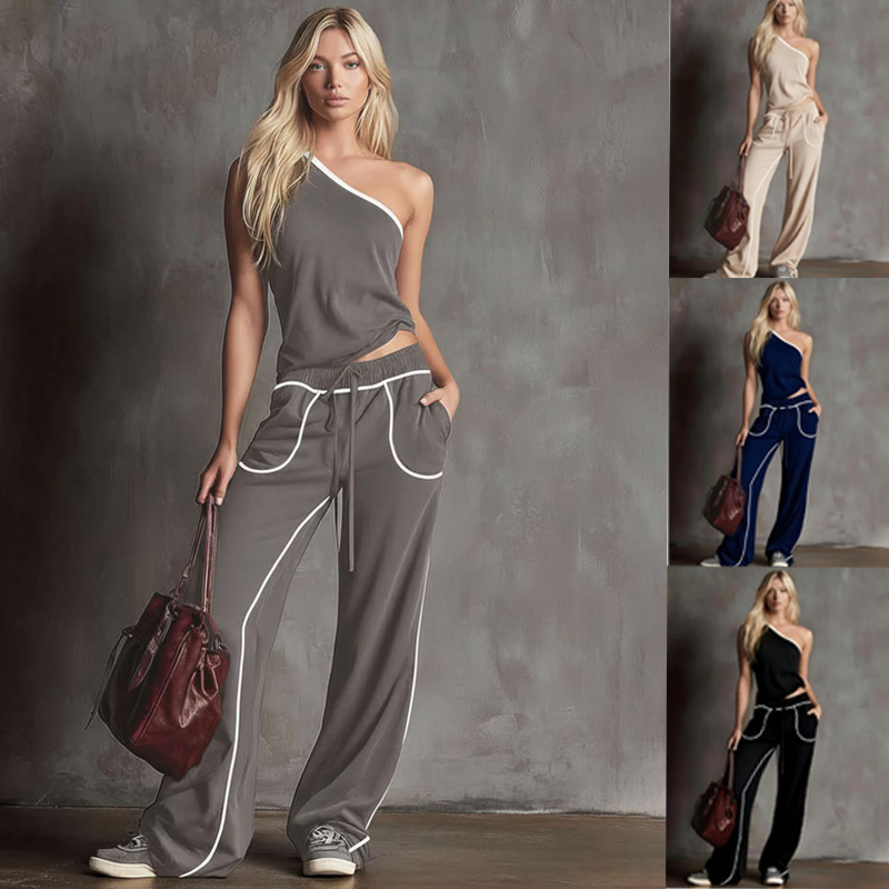 Women's Straight-Leg Wide-Leg Pants & One-Shoulder Top Two-Piece Set