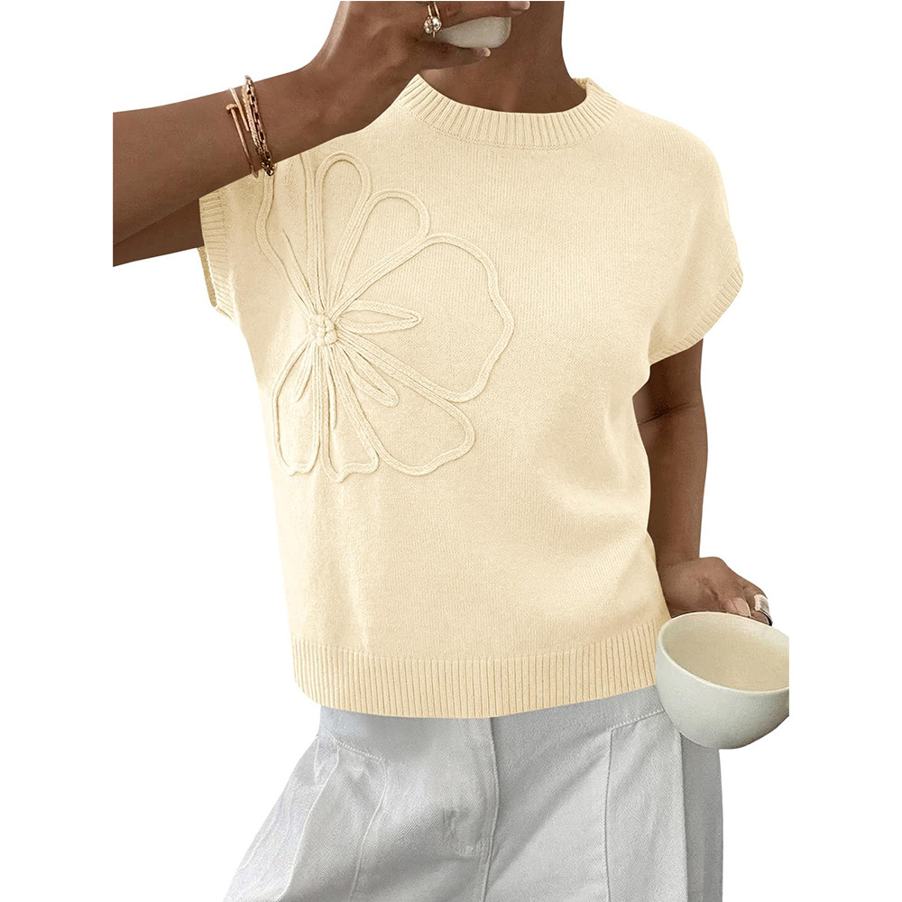 Women's Floral Jacquard Knit Short Sleeve Sweater