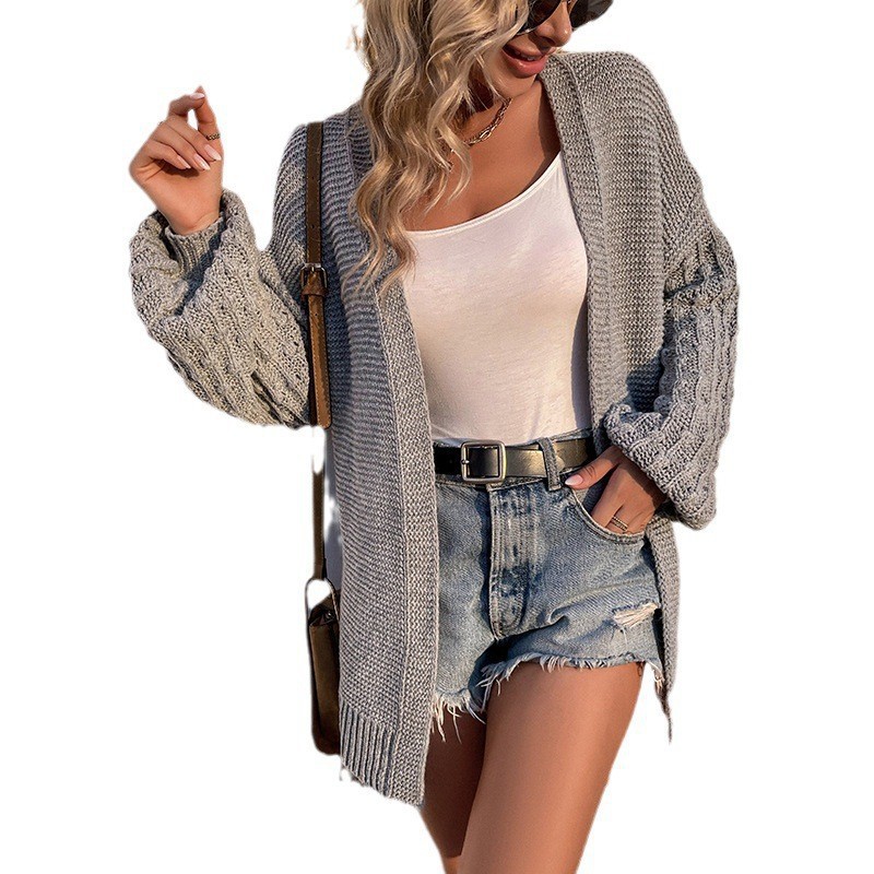 Women's Mid-Length Knit Cardigan Sweater with Lantern Sleeves, Solid Color