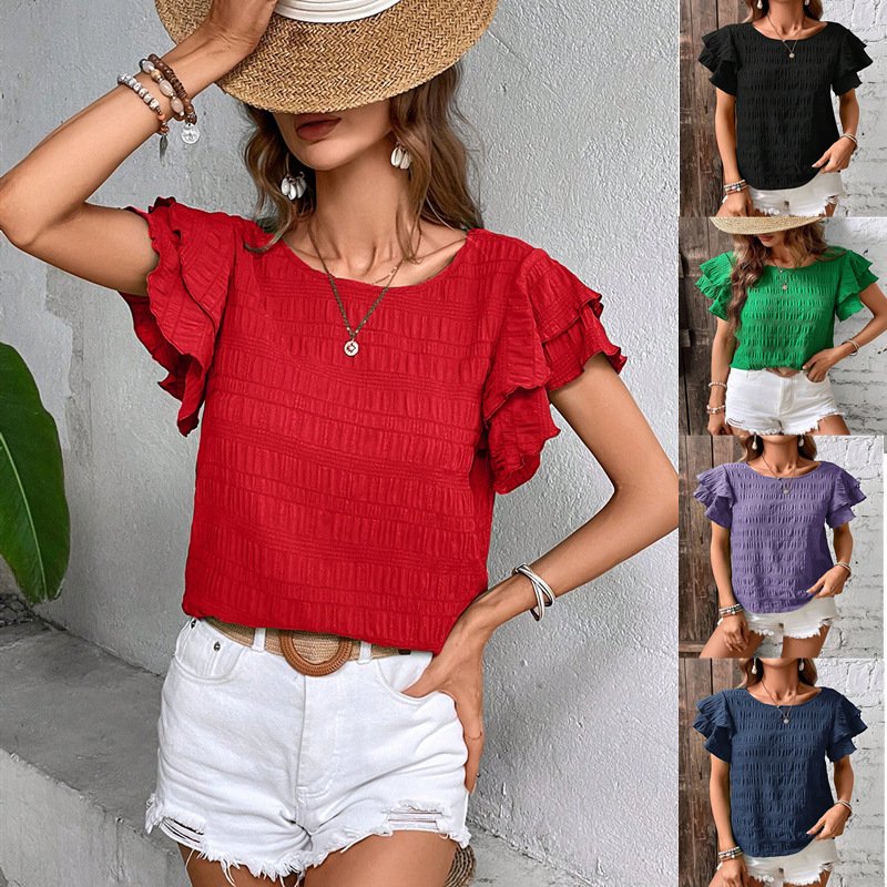 Women's Summer Double Ruffle Sleeve Round Neck Pullover T-Shirt