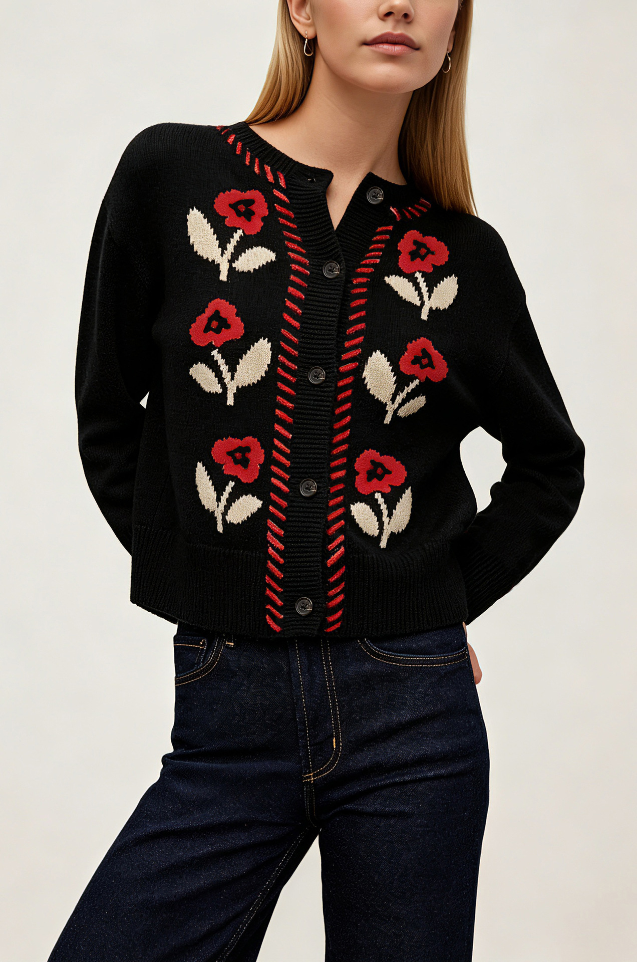 Retro Floral Knit Cardigan Women's Crewneck Button Long Sleeve Sweater