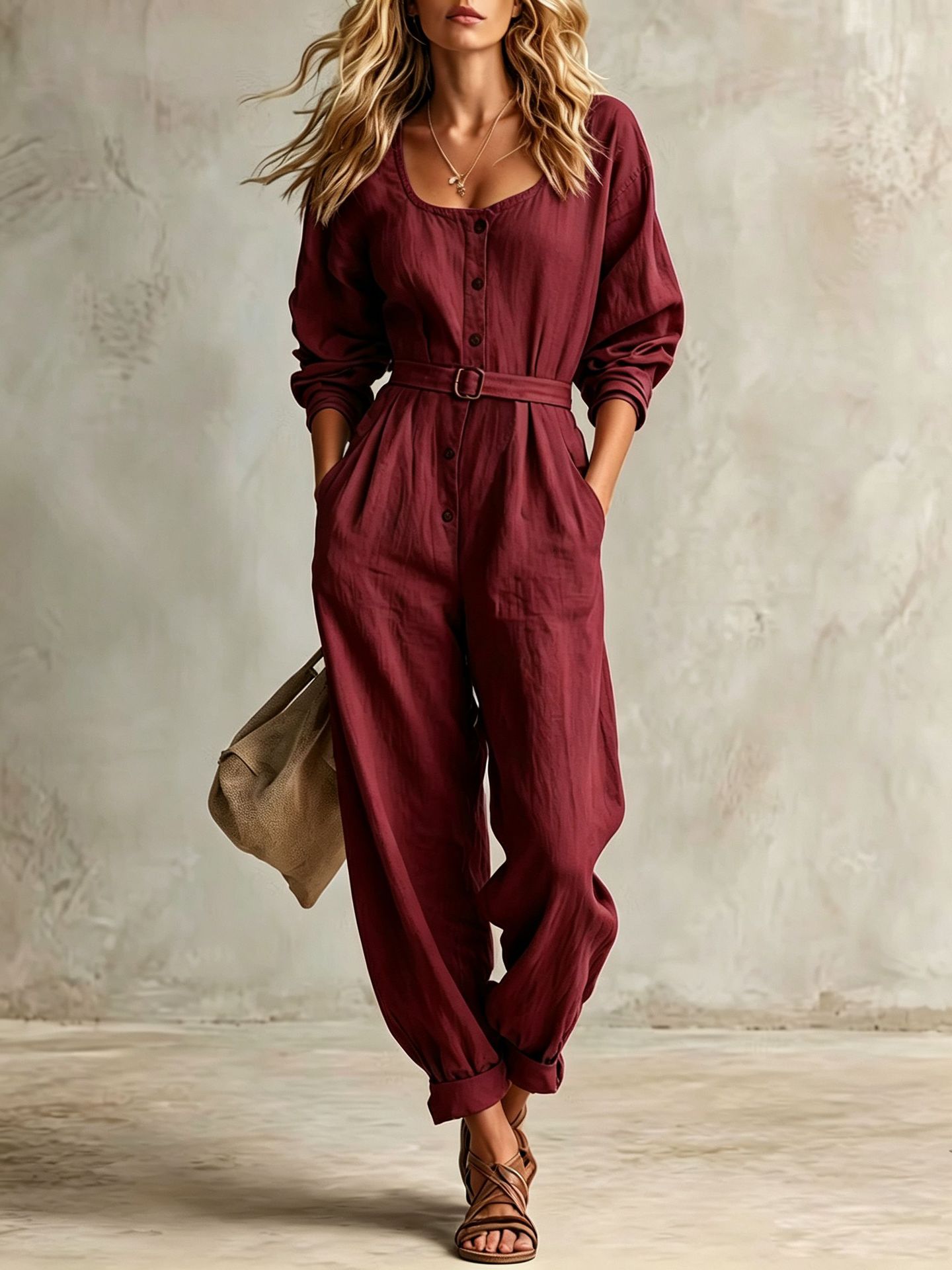 Women's Linen Square Neck Long Sleeve Jumpsuit with Belt