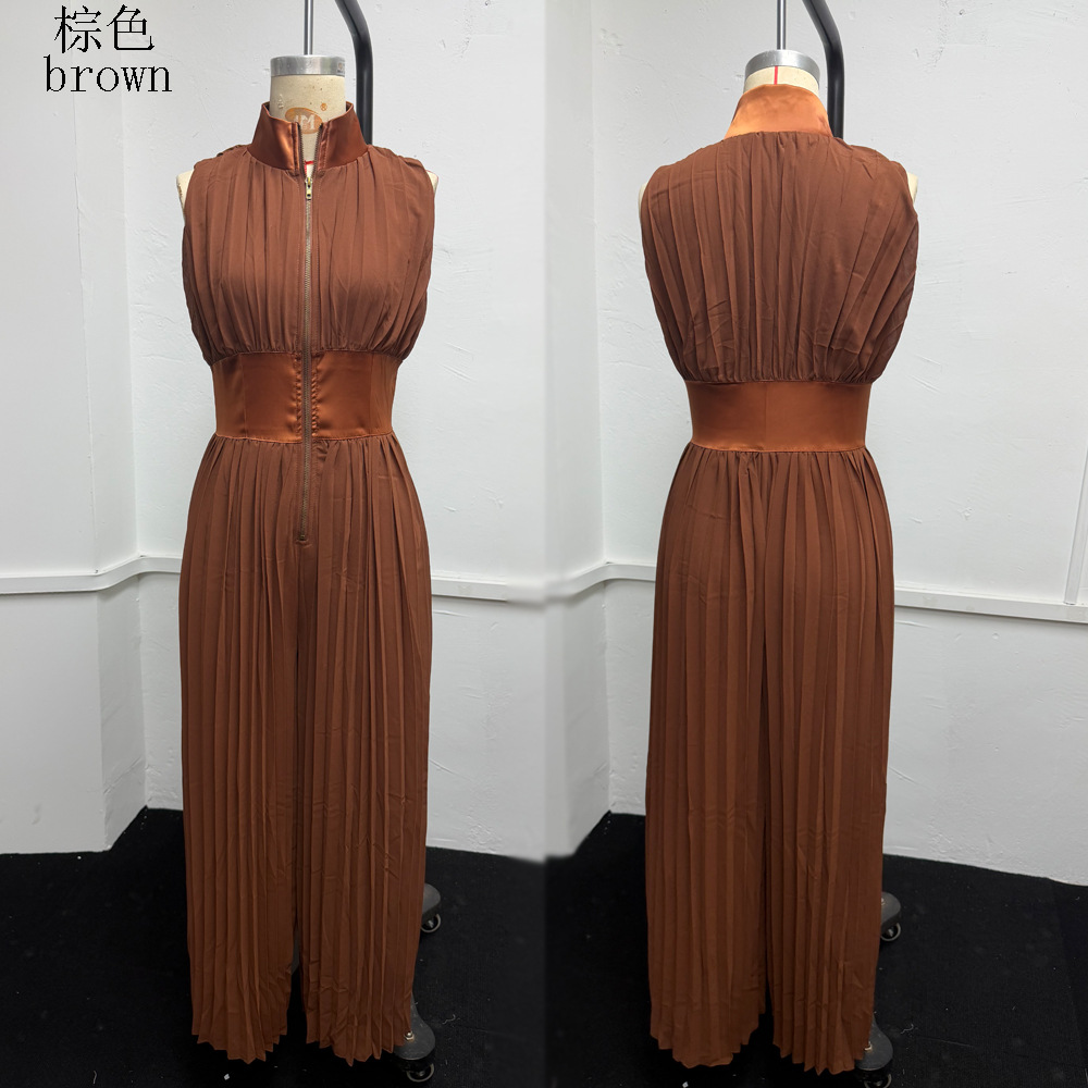 Women's Pleated Halter Wide-Leg Jumpsuit Sleeveless Deep V-Neck