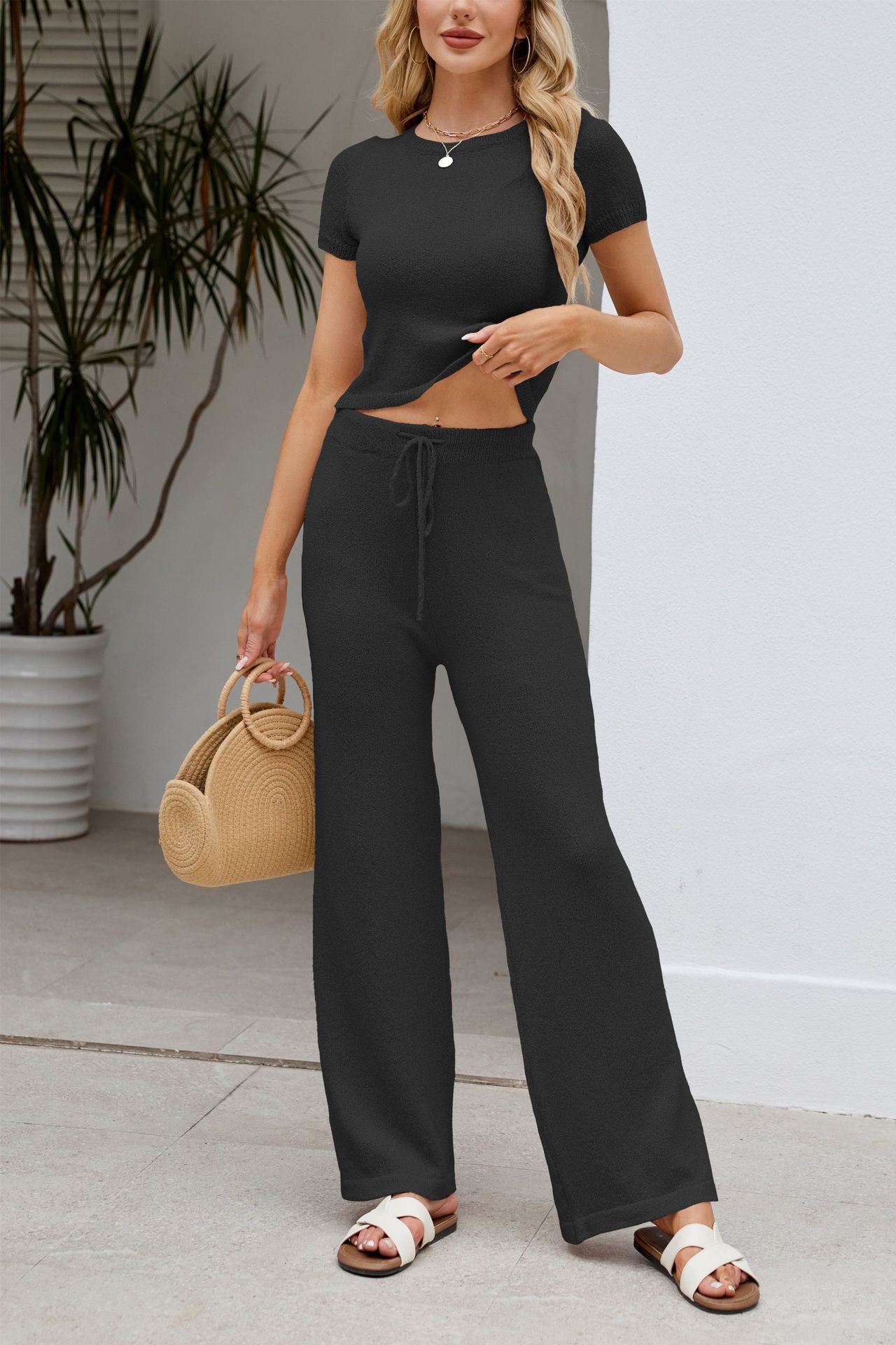Women's Solid Knit Short Sleeve Top and Pants Set