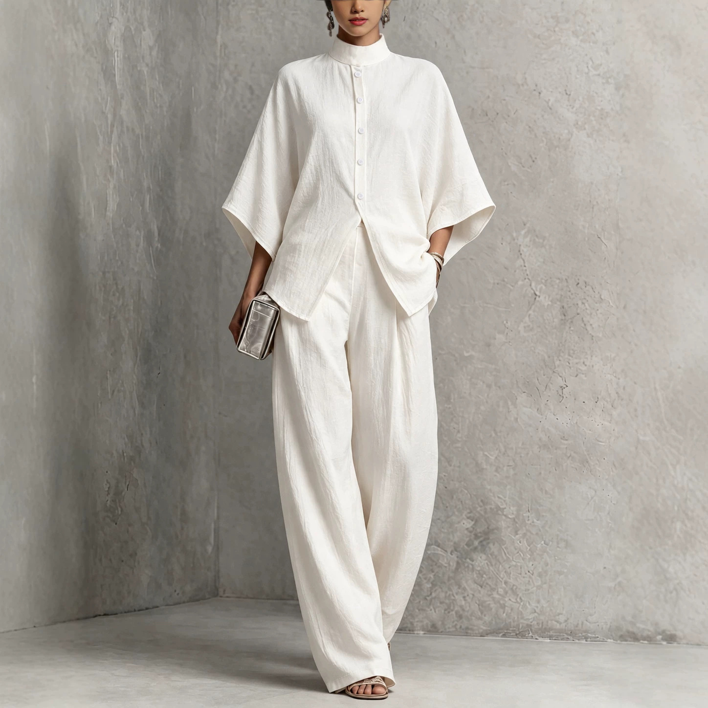Women's Stand Collar Batwing Sleeve High Waist Wide Leg Two-Piece Set