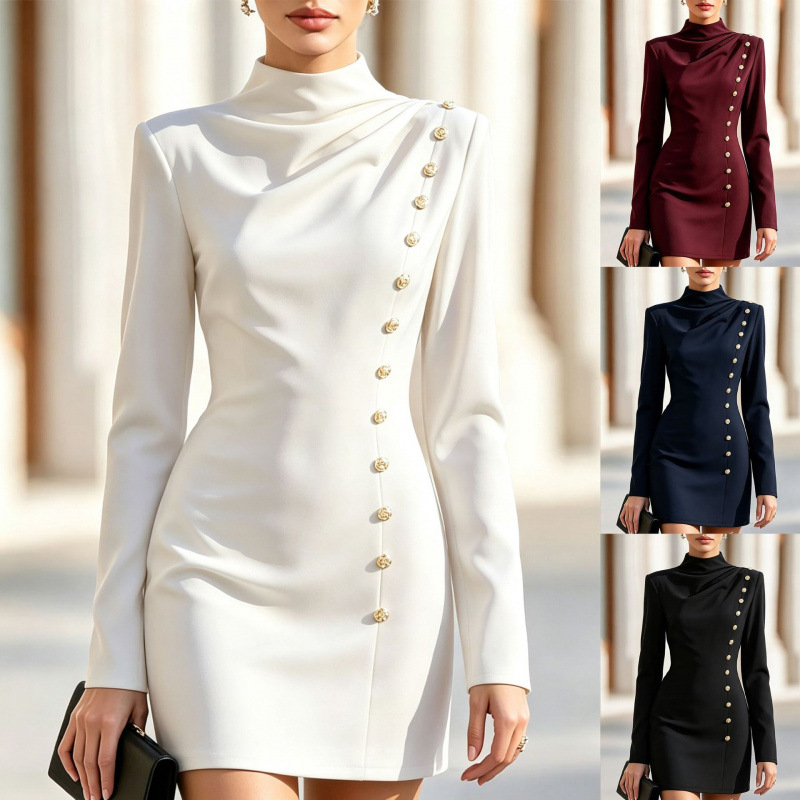 Mock Neck Ruched Bodycon Mini Dress with Metal Buttons Long Sleeve