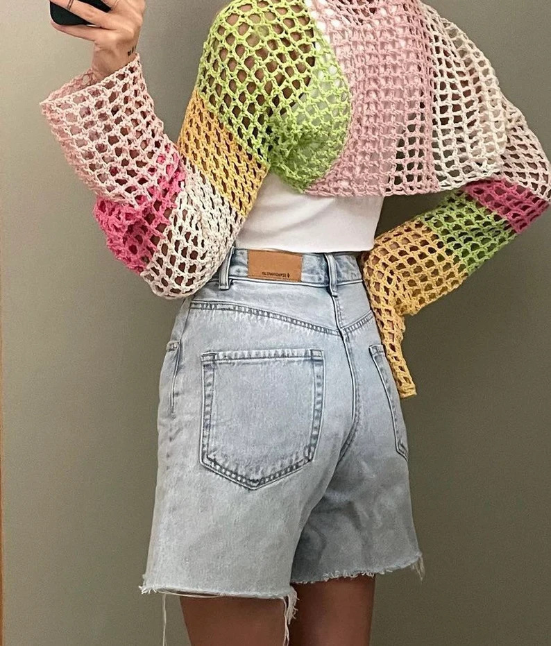 Color-Block Hollow-Out Cropped Knit Cardigan