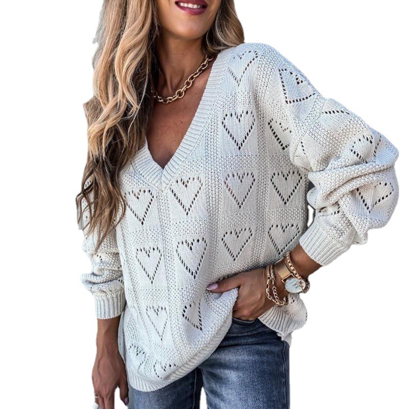 Women's V-Neck Heart Cutout Knit Sweater