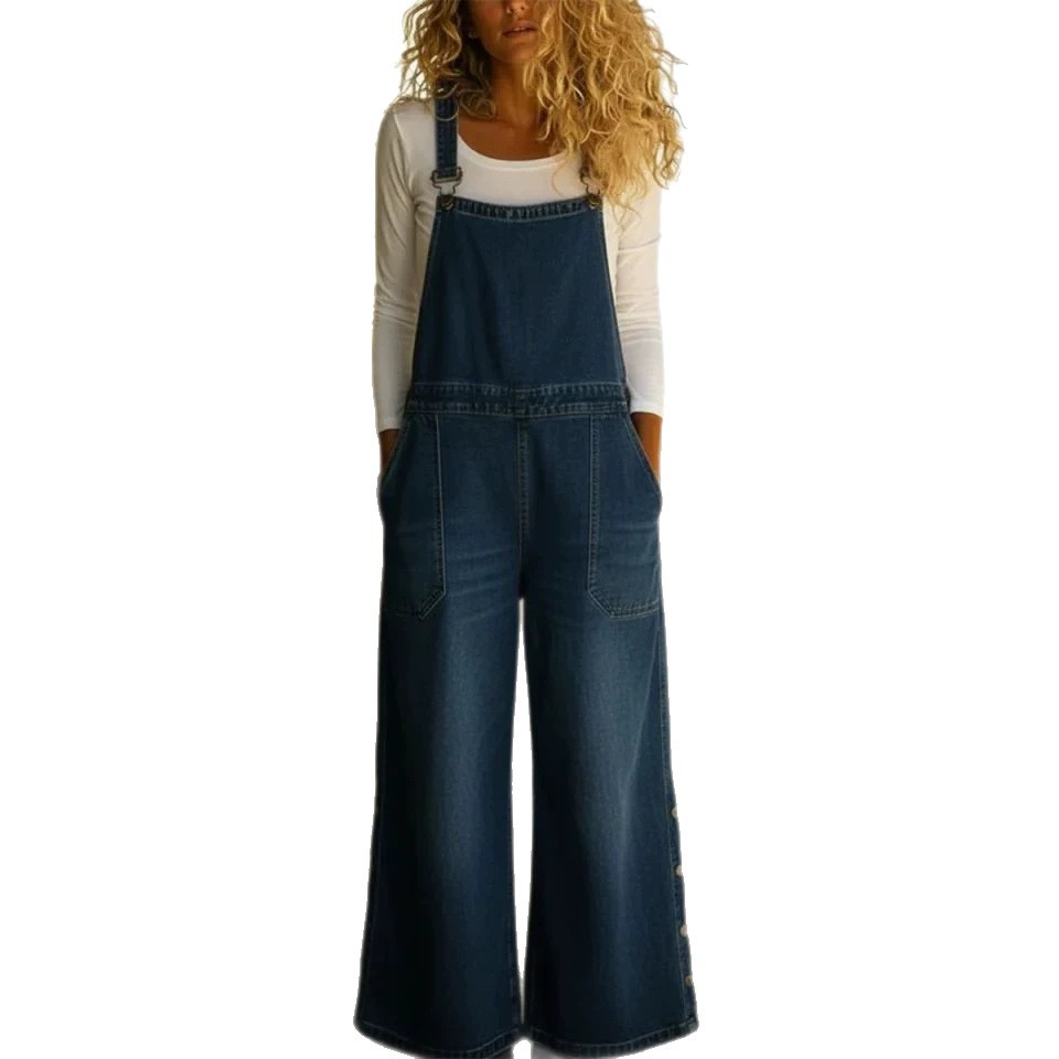 Faux Denim Print Sleeveless Wide-Leg Jumpsuit with Pockets