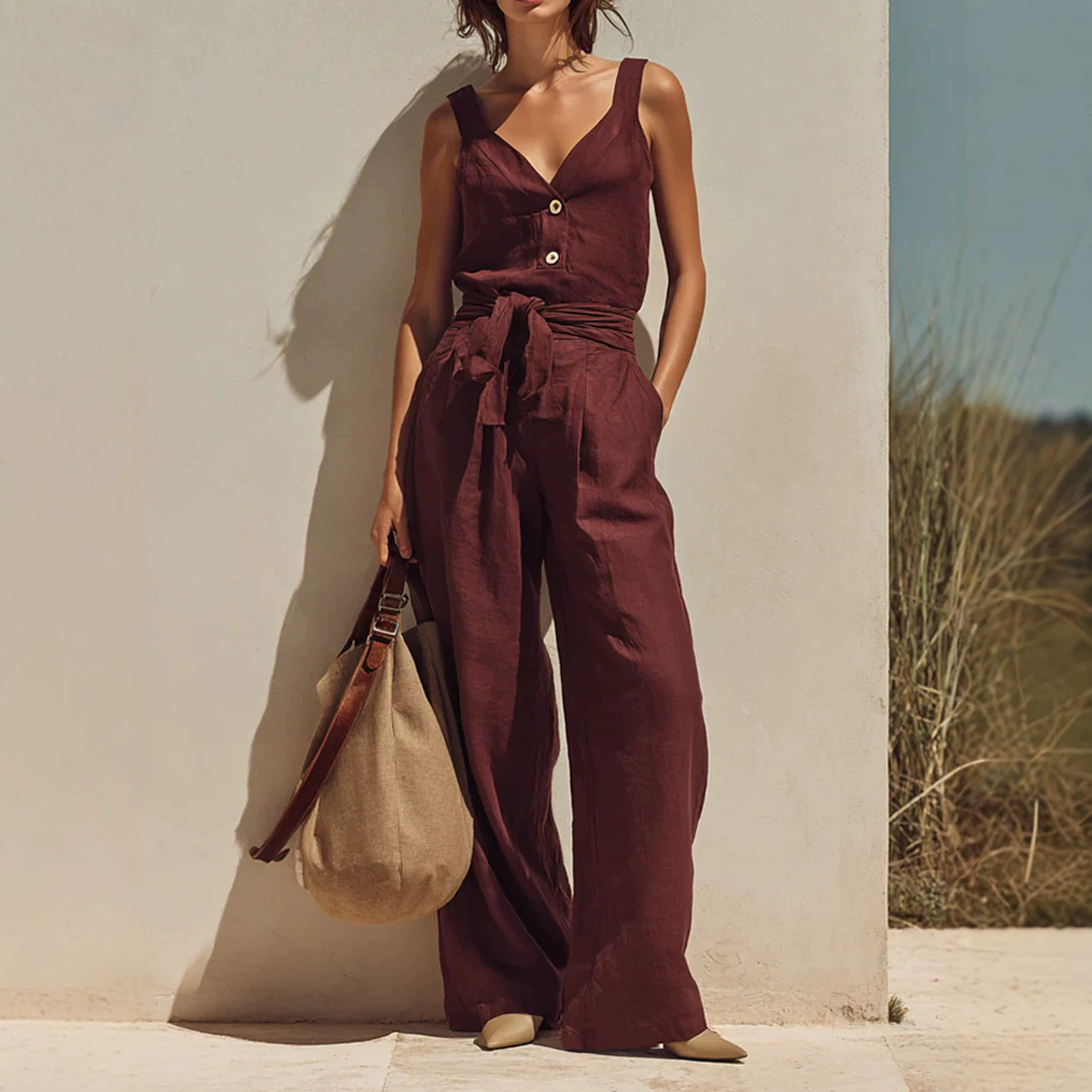 Women's Minimalist Sleeveless Cami Jumpsuit Burgundy