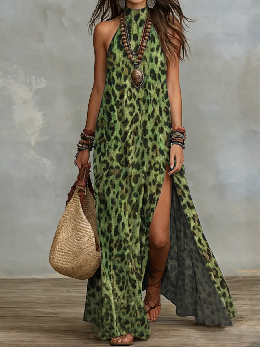 Paisley Print Halter Neck Long Dress Casual Loose Fit