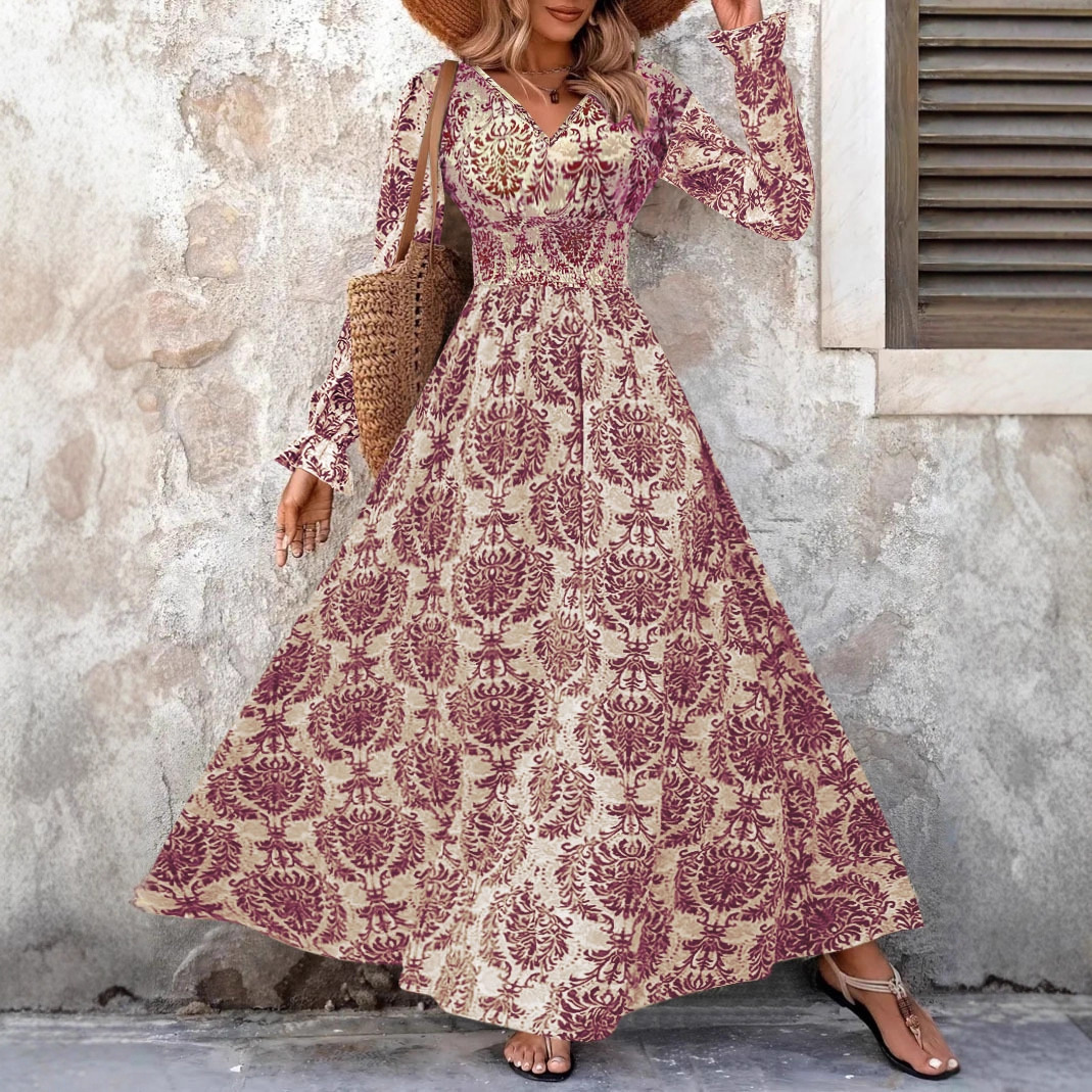 TUME Vintage Floral Print V-Neck Long Sleeve Maxi Dress