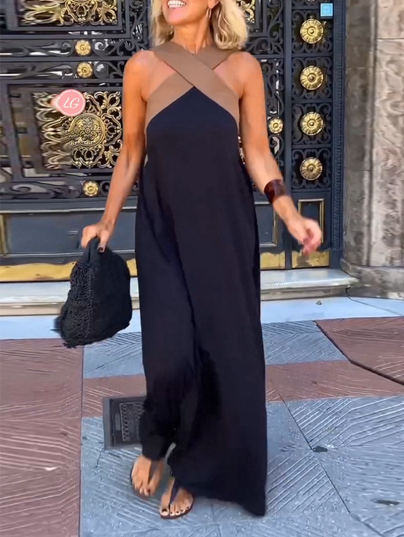 Elegant Halter Cross Back Color Block Maxi Dress