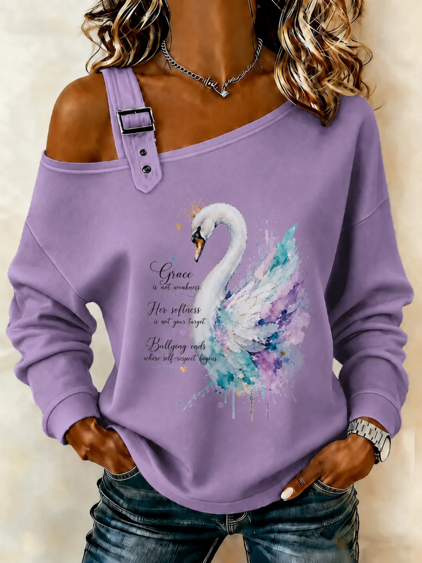 Swan Hummingbird Floral Print Crewneck Long Sleeve Pullover Sweatshirt