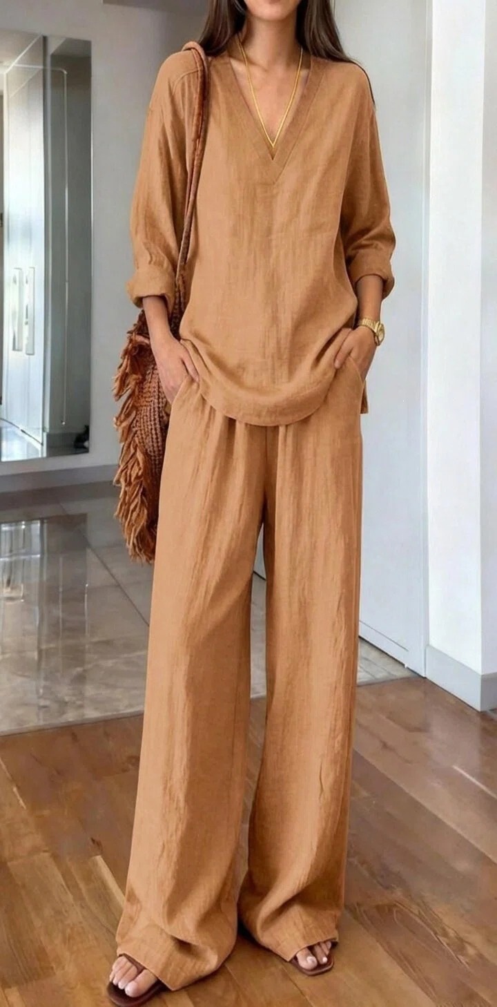 Women's Casual V-Neck Long Sleeve Top and Straight-Leg Pants Set Washed Cotton Multi-Color