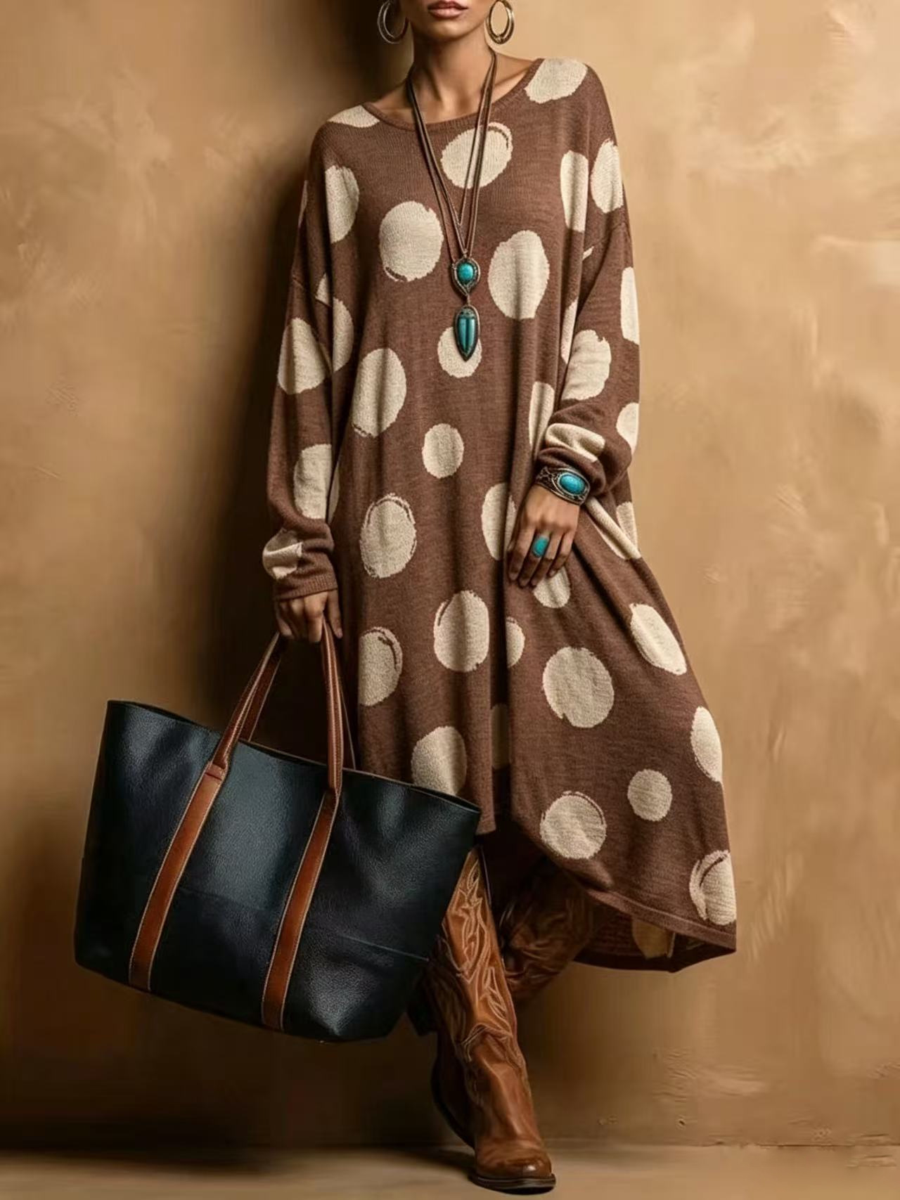 Retro American Polka Dot Print Loose A-Line Long Sleeve Round Neck Dress