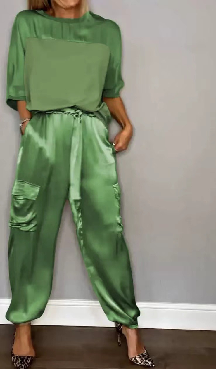 Women's Satin Half-Sleeve Top and Pants Two-Piece Set