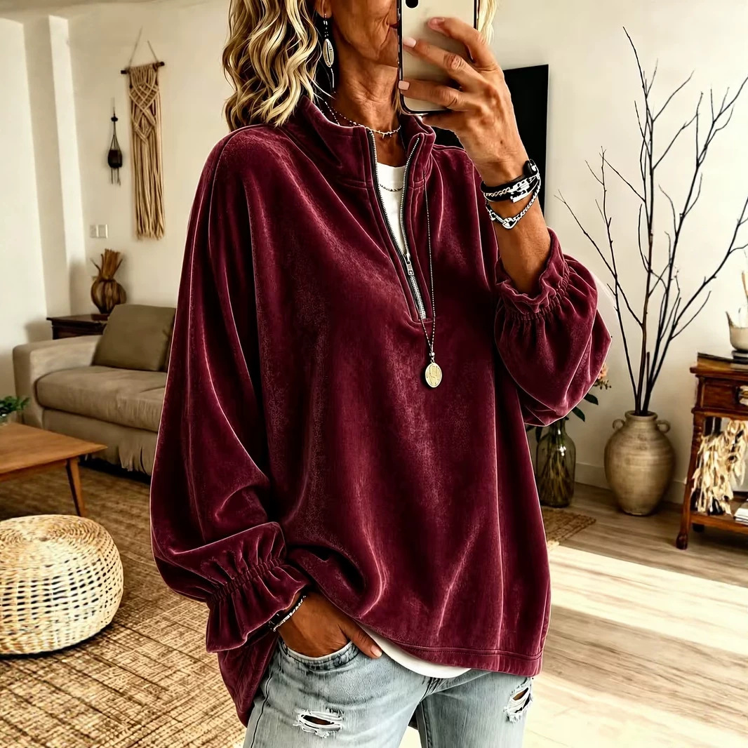 Women's Casual Zip-Up Loose Sweatshirt with Turn-Down Collar
